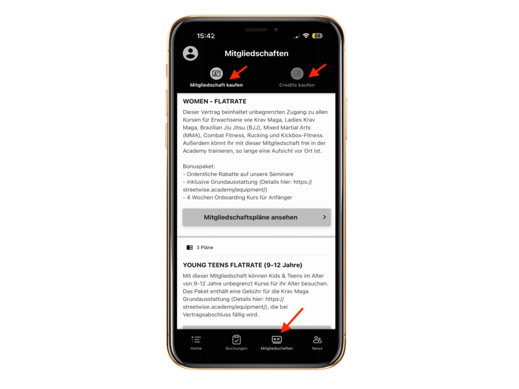 Screenshot: Mitgliedschaften und Credits in der Studio App
