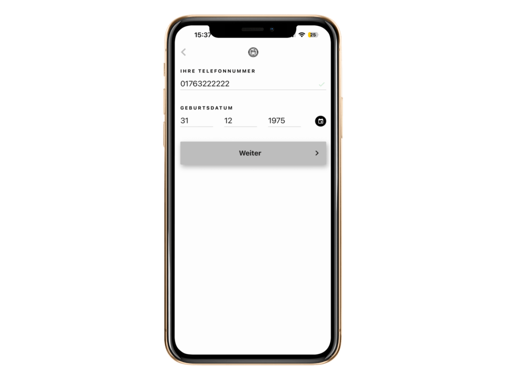 Screenshot: Handynummer und Geburtsdatum eintragen