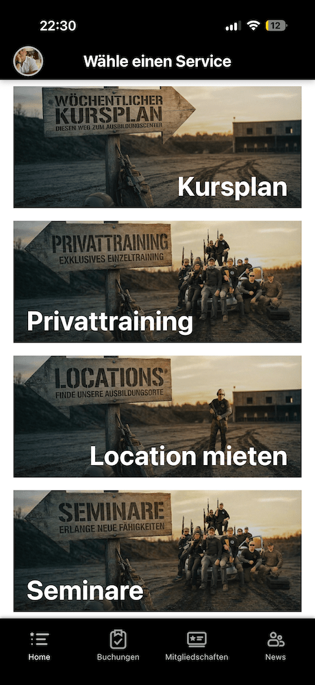 Screenshot: Serviceauswahl mit Kursplan, Privattraining, Location und Seminaren