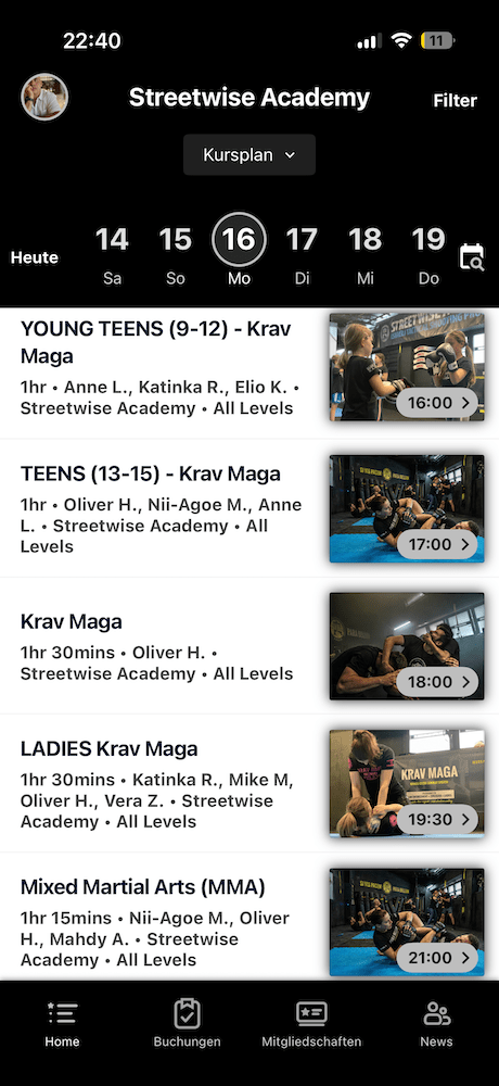 Screenshot: Wochenkursplan der Streetwise Academy in der Studio App