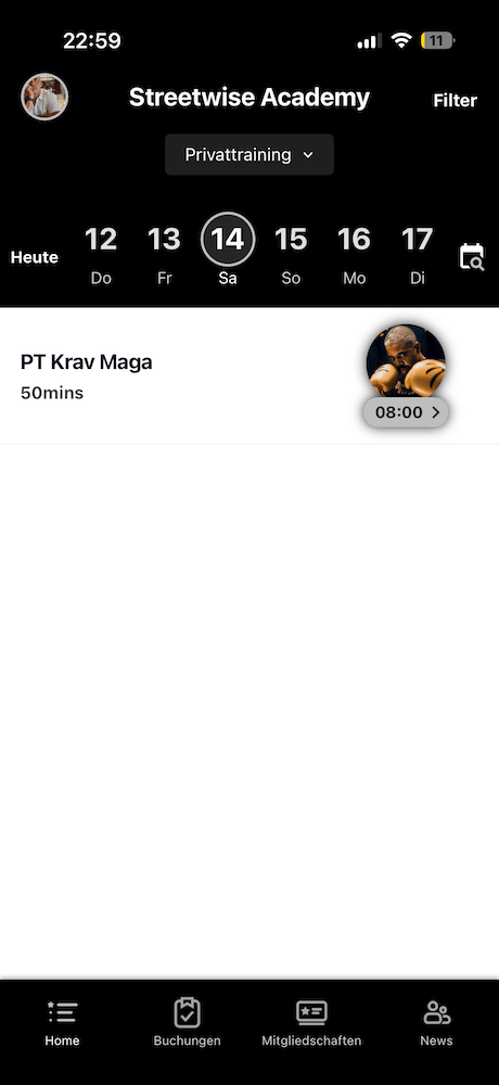 Screenshot: Privattraining in der Studio App buchen
