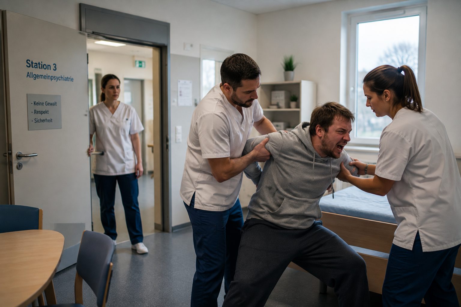 Klinikpersonal deeskaliert einen aggressiven Besucher im Krankenhausflur