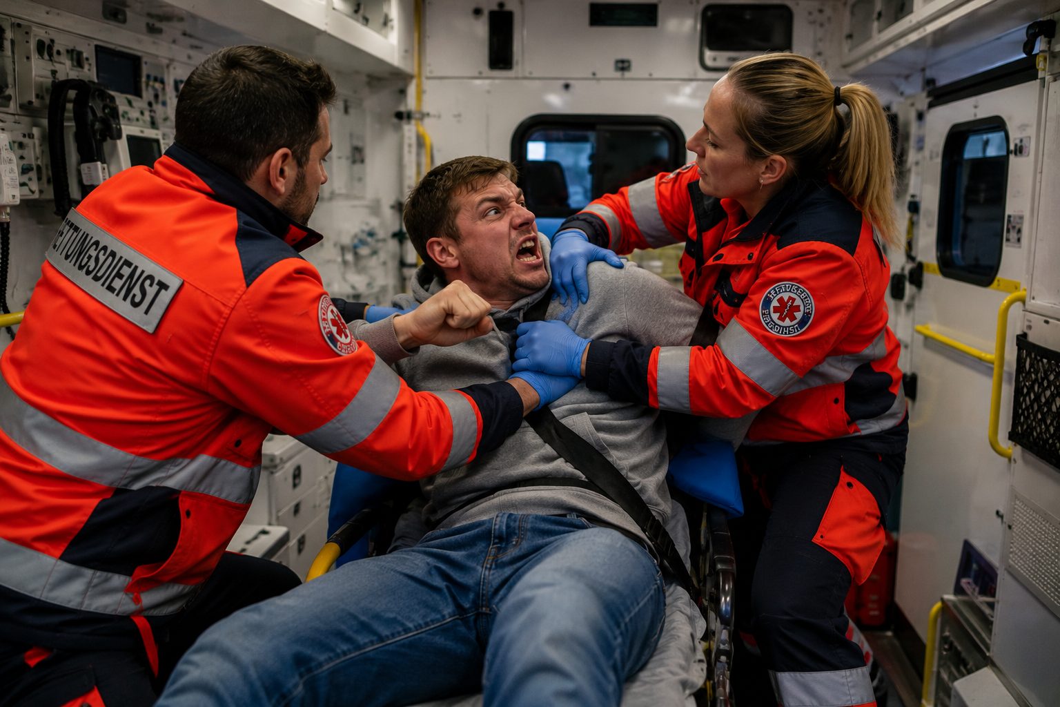 Rettungsdienstteam sichert einen unruhigen Patienten im Rettungswagen